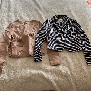Maison Jules beige/pink moto faux leather jacket and navy stripes jacket
